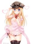  1girl bare_arms bismarck_(kantai_collection) black_panties blonde_hair blue_eyes box breasts cleavage dress gift gift_box hat heart kantai_collection large_breasts long_hair nikoo panties peaked_cap pink_dress solo twitter_username underwear valentine white_background 