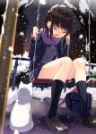  1girl black_legwear blonde_hair cat closed_eyes commentary_request crying full_body hair_ornament hairclip highres kneehighs original sakuragi_ren scarf school_uniform short_hair snowing swing tears 