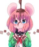  1girl animal_ears blue_eyes cardigan chocolate chocolate_drip dirty furry mouse_ears original pink_hair school_uniform serafuku shirt short_hair solo upper_body yuuki_(yuyuki000) 