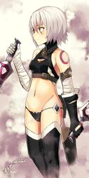  1girl artist_name assassin_of_black bandaged_arm bangs black_gloves black_legwear black_panties breasts cleavage_cutout crop_top dagger dated dual_wielding expressionless eyebrows_visible_through_hair fate/apocrypha fate_(series) fingerless_gloves gloves hair_between_eyes halterneck highres hips holding holding_weapon looking_to_the_side midriff mugipot navel panties short_hair signature silver_hair single_fingerless_glove small_breasts solo thigh-highs thighs underwear unsheathed weapon yellow_eyes 