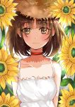  1girl :3 absurdres arms_at_sides backlighting bangs blush brown_eyes brown_hair closed_mouth collarbone dress eyebrows_visible_through_hair flower hat highres looking_at_viewer neck_ribbon original piuta red_ribbon ribbon smile solo straw_hat sundress sunflower upper_body white_dress 