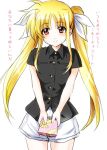  1girl blonde_hair blush box cowboy_shot fate_testarossa gift gift_box hair_ribbon long_hair looking_at_viewer lyrical_nanoha mahou_shoujo_lyrical_nanoha red_eyes ribbon rinoko shiny shiny_hair short_sleeves shorts simple_background smile solo translation_request twintails valentine white_background 