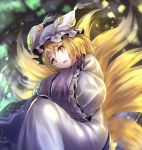  1girl blonde_hair collar dress fox_tail frilled_collar frilled_hat frilled_sleeves frills hands_in_sleeves hat minust multiple_tails open_mouth pillow_hat short_hair sleeves_together solo tabard tail touhou white_dress yakumo_ran yellow_eyes 