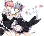 2girls animal_ears apron artist_name bangs birthday blue_eyes blue_hair blueberry blunt_bangs blush brown_eyes cake cat_ears cat_tail closed_mouth collar detached_collar detached_sleeves food frilled_apron frilled_collar frilled_sleeves frills fruit hair_ornament hair_over_one_eye hair_ribbon happy_birthday heart holding holding_food looking_at_viewer looking_back lunacats maid maid_headdress multiple_girls open_mouth pink_hair pink_ribbon purple_ribbon ram_(re:zero) re:zero_kara_hajimeru_isekai_seikatsu rem_(re:zero) ribbon short_hair siblings signature simple_background sisters smile strawberry tail teeth twins waist_apron white_background wide_sleeves x_hair_ornament 