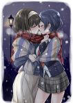  2girls bangs black_hair blush closed_eyes hairband hayami_kanade highres idolmaster idolmaster_cinderella_girls long_hair multiple_girls oimo parted_bangs plaid plaid_scarf sagisawa_fumika scarf shared_scarf shawl short_hair sketch snow yuri 