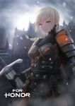  1girl armor blonde_hair blue_eyes braid breasts claymore_(sword) copyright_name for_honor gloves headwear_removed helmet helmet_removed high_collar highres kasagarasu leather long_hair medium_breasts pauldrons pouch scar scar_across_eye snow snowing solo sword vambraces warden_(for_honor) weapon 