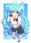  1girl ahoge animal_ears aqua_eyes aqua_hair belt cat_ears cat_tail fang fish full_body green_hair hatsune_miku headphones highres long_hair looking_at_viewer mary_janes midriff navel open_mouth paw_pose pigeon-toed shoes shorts solo suspenders tail very_long_hair vocaloid yuzuki_kei 
