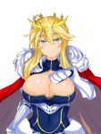  1girl ahoge artoria_pendragon_lancer_(fate/grand_order) bangs blonde_hair blush breasts cape cleavage closed_mouth covered_navel crown fate/grand_order fate_(series) fur_trim gauntlets green_eyes highres large_breasts long_hair looking_at_viewer saber smile solo sprout_(33510539) swept_bangs upper_body 