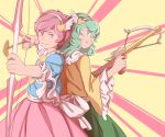  2girls arrow back-to-back blouse blue_blouse bow bow_(weapon) collar commentary cowboy_shot crossbow frilled_collar frilled_sleeves frills green_eyes green_hair green_skirt hair_ornament hairband heart-shaped_arrow heart_hair_ornament komeiji_koishi komeiji_satori looking_at_viewer mefomefo multiple_girls pink_background pink_eyes pink_hair pink_skirt short_hair siblings sisters skirt smile touhou weapon white_bow white_hairband wide_sleeves wing_hair_ornament yellow_background yellow_blouse 