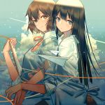  2girls album_cover bird black_eyes black_hair bracelet brown_eyes brown_hair closed_mouth clouds cover from_side happy_valentine hibike!_euphonium hug hug_from_behind jewelry kousaka_reina looking_at_viewer looking_to_the_side multiple_girls neck_ribbon oumae_kumiko pen ribbon shirt sleeves_rolled_up upper_body valentine white_shirt zicai_tang 