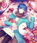  1boy akiyoshi_(tama-pete) anniversary bed birthday blue_eyes blue_hair blue_nails cake cat chocolate flower food gift hair_between_eyes headphones ice_cream kaito letter long_sleeves looking_at_viewer lying male_focus nail_polish on_back open_mouth pillow rose scarf short_hair smile solo text vocaloid wire 
