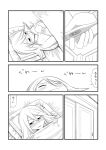  1girl blanket blush comic door fever greyscale hair_between_eyes highres long_hair mochi_au_lait monochrome original pillow sick solo thermometer translated under_covers 