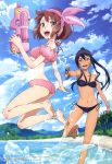 2girls :d absurdres aiming airborne armpits ass bare_shoulders barefoot bikini black_hair blue_sky blush body_blush bracelet breasts brown_eyes brown_hair bush clouds cloudy_sky collarbone dark_skin day earrings eyebrows_visible_through_hair eyes_visible_through_hair gluteal_fold grey_eyes gun hair_between_eyes hairband highres holding holding_gun holding_weapon jewelry jumping llenn_(sao) long_hair looking_at_another looking_at_viewer magazine_scan medium_breasts megami mountain multiple_girls navel nishimura_rie official_art open_hand open_mouth outdoors palm_tree pink_bikini pink_hairband pinky_out pitohui_(sao) polka_dot_bikini_top ponytail round_teeth running sand scan shore short_hair side-tie_bikini sky small_breasts smile swimsuit sword_art_online sword_art_online_alternative:_gun_gale_online tattoo teeth tongue tree water water_gun weapon yellow_bracelet yellow_earrings 