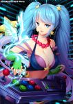  1girl blue_eyes blue_hair breasts cleavage fingerless_gloves gloves gradient_hair jewelry kaho_okashii league_of_legends long_hair looking_at_viewer multicolored_hair nail_polish necklace solo sona_buvelle twintails 