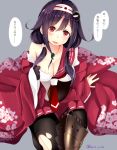  1girl black_gloves black_hair black_legwear breasts cleavage gloves hair_flaps hair_ornament haori japanese_clothes kanna_(horntp) kantai_collection kimono large_breasts low_twintails magatama necktie open_mouth pantyhose partly_fingerless_gloves red_eyes red_necktie ryuuhou_(kantai_collection) solo sweat taigei_(kantai_collection) torn_clothes torn_pantyhose translation_request twintails twitter_username whale_hair_ornament yugake 