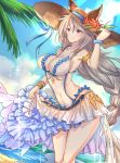  1girl animal_ears antiqq arched_back beach blurry braid breasts cleavage covered_navel cowboy_shot depth_of_field erun_(granblue_fantasy) flower frilled_skirt frills granblue_fantasy hair_between_eyes hair_tubes hat heles hibiscus impossible_clothes large_breasts layered_skirt long_hair looking_at_viewer sidelocks silver_hair single_braid skirt sun_hat swimsuit swimsuit_skirt very_long_hair yellow_eyes 