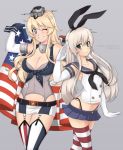  2girls alina_pegova american_flag anchor anchor_hair_ornament black_panties blonde_hair blue_eyes breasts cleavage cowboy_shot crop_top elbow_gloves fingerless_gloves front-tie_top garter_straps gloves green_eyes hair_between_eyes hair_ornament highleg highleg_panties iowa_(kantai_collection) kantai_collection long_hair miniskirt multiple_girls one_eye_closed panties parted_lips salute shimakaze_(kantai_collection) skirt standing star star-shaped_pupils striped striped_legwear symbol-shaped_pupils thigh-highs underwear vertical-striped_legwear vertical_stripes white_gloves 