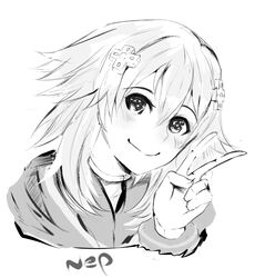  1girl blush choujigen_game_neptune d-pad female hair_ornament monochrome neptune_(choujigen_game_neptune) neptune_(series) short_hair sketch smile v 