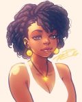  1girl afro annie_mei_project black_hair breasts brown_eyes cleavage dark_skin earrings eyelashes eyeliner hairlocs jewelry lips lipstick makeup medium_breasts mole mole_under_mouth necklace nose retro_mei robert_porter signature star_necklace tank_top thick_eyebrows very_dark_skin 
