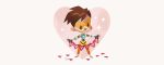  1girl bodysuit bomber_jacket brown_hair chibi full_body gloves goggles heart holding jacket looking_down orange_bodysuit overwatch pants paper scissors simple_background solid_circle_eyes solo sparkle spiky_hair star tight tight_pants tinysnails tracer_(overwatch) valentine vambraces white_background 