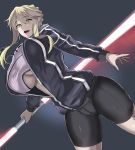  1girl artoria_pendragon_alter_(fate/grand_order) bangs bike_shorts black_background black_jacket blonde_hair braid breasts center_opening cosplay cowboy_shot crotch_seam double-blade dutch_angle energy_sword fate/grand_order fate_(series) hair_bun heroine_x_(alter) heroine_x_(alter)_(cosplay) highres holding holding_sword holding_weapon huge_breasts jacket lightsaber long_hair midriff saber saber_alter shirt sidelocks solo swept_bangs sword t-shirt takara_joney taut_clothes taut_shirt thick_thighs thighs track_jacket under_boob weapon white_shirt yellow_eyes 