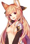  1girl :d animal_ears bangs black_bow blonde_hair bow braid breasts erun_(granblue_fantasy) eyebrows_visible_through_hair granblue_fantasy hair_bow hair_over_breasts long_hair looking_at_viewer medium_breasts naked_coat open_mouth red_eyes simple_background smile solo swept_bangs teeth tokiwa_online upper_body v_arms very_long_hair white_background yuisis_(granblue_fantasy) 