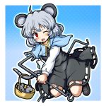 1girl ;d ahoge animal_ears basket black_shoes blue_background capelet dowsing_rod eruru_(erl) full_body grey_hair grey_skirt grey_vest highres jewelry long_sleeves looking_at_viewer mouse mouse_ears mouse_girl mouse_tail nazrin one_eye_closed open_mouth pendant polka_dot polka_dot_background red_eyes shoes skirt smile solo tail touhou vest 