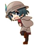 1girl b3 backpack bag black_hair blue_eyes blush chibi d: eyelashes feathers from_behind full_body hair_between_eyes hat kaban kemono_friends loafers looking_at_viewer looking_back one_leg_raised open_mouth outline pantyhose red_shirt running safari_hat shirt shoe_soles shoes short short_hair short_sleeves simple_background solo tareme tearing_up tears wavy_mouth white_background 