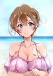  1girl bare_shoulders beach bikini blue_eyes blush breasts brown_hair earrings highres jewelry large_breasts looking_at_viewer original shi-2 shiori_(shi-2) shiori_no_uso_wa_yo_no_shin short_hair smile solo spaghetti_strap swimsuit upper_body 