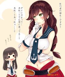  2girls agano_(kantai_collection) anchor_symbol belt black_hair blue_necktie braid breasts brown_hair gloves green_eyes kanna_(horntp) kantai_collection large_breasts long_hair midriff multiple_girls necktie noshiro_(kantai_collection) open_mouth pleated_skirt red_skirt sailor_collar school_uniform serafuku skirt sleeveless text translation_request twin_braids white_gloves 