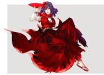  1girl breasts commentary_request cup dress full_body hair_ornament hug_(yourhug) juliet_sleeves large_breasts leaf_hair_ornament long_sleeves looking_at_viewer mirror parted_lips puffy_sleeves purple_hair red_dress red_eyes rope sakazuki shimenawa smile solo touhou yasaka_kanako 