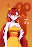  1girl bare_shoulders breasts copyright_name demon_girl dress grey_skin hand_on_hip hekapoo horns large_breasts long_hair looking_at_viewer orange_eyes pale_skin pointy_ears redhead scissors solo spines sret star_vs_the_forces_of_evil strapless strapless_dress tiara very_long_hair yellow_dress yellow_sclera 