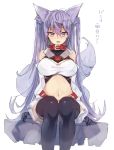  1girl :d animal_ears bei_mochi black_legwear blue_hair breasts commentary_request detached_sleeves fox_ears fox_tail large_breasts lavender_eyes long_hair long_sleeves looking_at_viewer navel open_mouth original sitting smile solo stomach tail thigh-highs translation_request two_side_up very_long_hair 