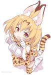  1girl animal_ears bare_shoulders blonde_hair blush boots bow bowtie breasts cat_ears cat_tail center_frills elbow_gloves from_above gloves kemono_friends kneeling looking_at_viewer looking_up medium_breasts open_mouth panties serval_(kemono_friends) serval_ears serval_tail short_hair skirt sleeveless smile solo tail thigh-highs underwear yellow_eyes 