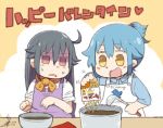  2girls :d ahoge apron black_hair blue_hair blush bowl chocolate commentary_request cooking facebook food hashtag holding holding_food ladle long_hair multiple_girls open_mouth personification ponytail red_eyes shaded_face signature smile snack sweatdrop translated tsukigi twitter valentine yellow_eyes 