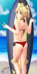  1girl artist_name ass bangs beach bikini blonde_hair blue_eyes blue_sky blurry braid breasts clouds cloudy_sky dated day depth_of_field eyebrows_visible_through_hair fate_(series) from_behind grin highres looking_at_viewer medium_breasts mordred_(swimsuit_rider)_(fate) mugipot ocean outdoors parted_bangs parted_lips ponytail red_bikini saber_of_red side-tie_bikini sideboob sidelocks signature sky smile solo standing surfboard swimsuit teeth v 