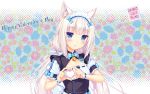  1girl animal_ears artist_name bangs bell blue_eyes blunt_bangs bow bowtie cat_ears character_name cleavage_cutout english floral_background hair_ribbon happy_valentine heart heart_hands highres jingle_bell long_hair looking_at_viewer low_twintails maid maid_headdress name_tag nekopara official_art puffy_short_sleeves puffy_sleeves ribbon ribbon-trimmed_clothes ribbon_trim sayori short_sleeves slit_pupils smile solo twintails upper_body valentine vanilla_(sayori) very_long_hair wallpaper white_hair wrist_cuffs 