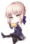  1girl :t bangs black_legwear black_skirt blonde_hair blue_gloves blue_ribbon braid chibi closed_mouth corset eating elbow_gloves eyebrows_visible_through_hair fate/stay_night fate_(series) food full_body gloves gothic_lolita hair_ribbon halterneck hamburger high_heels holding holding_food lolita_fashion meaomao over-kneehighs ribbon saber saber_alter sidelocks simple_background skirt solo thigh-highs white_background yellow_eyes 