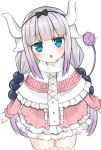  1girl bangs beads blue_eyes blunt_bangs blush bow capelet commentary_request dragon_girl dragon_horns dress eyebrows_visible_through_hair hair_beads hair_ornament hairband hashiko_no_woto highres horns kanna_kamui kobayashi-san_chi_no_maidragon long_hair looking_at_viewer solo tail thigh-highs twintails white_legwear 