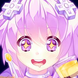  1girl blush choujigen_game_neptune close-up d-pad drooling face female food hair_ornament highres neptune_(choujigen_game_neptune) neptune_(series) open_mouth pudding purple_hair short_hair spoon symbol-shaped_pupils violet_eyes 