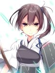  1girl 3:&lt; bow brown_eyes brown_hair closed_mouth hair_between_eyes kaga_(kantai_collection) kantai_collection long_hair looking_at_viewer muneate rigging side_ponytail solo upper_body usume_shirou white_background 