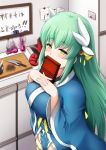  1girl bangs blush bol_(liliymimi) breasts burnt covering_mouth cowboy_shot dragon_horns fate/grand_order fate_(series) from_above gift green_hair hair_ornament horns japanese_clothes kimono kiyohime_(fate/grand_order) knife large_breasts long_hair long_sleeves looking_at_viewer pelvic_curtain sidelocks solo wide_sleeves yellow_eyes 