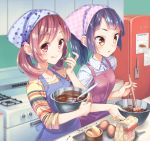  2girls apron bangs black_hair blue_apron blunt_bangs bouzu_(bonze) bowl brown_eyes brown_hair butter chocolate chocolate_making commentary_request egg food hair_ornament head_scarf looking_at_viewer multiple_girls original oven pink_apron plaid polka_dot polka_dot_shirt ponytail refrigerator shirt sleeves_rolled_up star star_hair_ornament star_print stove striped striped_shirt tongue tongue_out twintails white_shirt yellow_eyes yellow_shirt 