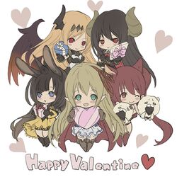  5girls animal_ears arisa_(shadowverse) bangs black_gloves black_hair black_wings blonde_hair blue_eyes blush boots bow box breasts brown_hair cape cerberus_(shingeki_no_bahamut) chocolate closed_mouth dark_angel_olivia dog_ears doraf elf forte_(shingeki_no_bahamut) frown gift gift_box gloves green_eyes hair_ornament hair_ribbon hand_puppet heart heart-shaped_box highres horn horns long_hair looking_at_viewer moon_al-mi&#039;raj multiple_girls one_eye_closed pointy_ears puppet red_eyes redhead ribbon shadowverse shingeki_no_bahamut skirt smile tachikawa_mushimaro twintails unico_(shingeki_no_bahamut) valentine white_background wings 