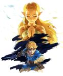  1boy 1girl absurdres blonde_hair blue_eyes closed_eyes hands_together highres jewelry link looking_at_viewer necklace nintendo official_art pointy_ears princess_zelda sword the_legend_of_zelda the_legend_of_zelda:_breath_of_the_wild weapon 