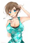  1girl adjusting_hair bare_shoulders blue_eyes blush breasts brown_hair cleavage dress flying_sweatdrops hand_on_own_chest highres large_breasts looking_at_viewer mouth_hold original shi-2 short_hair solo upper_body white_background 