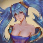  1girl bare_shoulders blue_dress blue_eyes blue_hair breasts cleavage collarbone dress female hair_between_eyes head_tilt highres large_breasts league_of_legends light_blue_hair long_hair looking_at_viewer neck raikoart serious solo sona_buvelle strapless strapless_dress twintails upper_body 