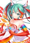  1girl ajigo bare_shoulders choker elbow_gloves gloves goodsmile_company goodsmile_racing green_eyes green_hair hatsune_miku headphones index_finger_raised long_hair one_eye_closed orange_gloves smile solo twintails vocaloid 