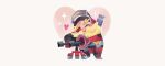  1boy armor beard blonde_hair chibi closed_eyes eyepatch facial_hair full_body gloves heart hug hug_from_behind overwatch simple_background solo sparkle star tinysnails torbjorn_(overwatch) turret valentine welding_mask white_background 