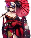  1girl bare_shoulders blonde_hair blush breasts cleavage fate/apocrypha fate/grand_order fate_(series) floral_print flower flower_request hair_flower hair_ornament headpiece japanese_clothes jeanne_alter kimono large_breasts looking_at_viewer netlk oriental_umbrella rose_print ruler_(fate/apocrypha) short_hair simple_background solo standing umbrella white_background yellow_eyes 